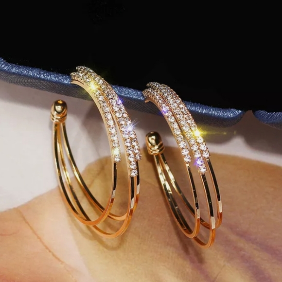 Yellow Gold Hoop Pave Diamond Earrings - Picture 3 of 8